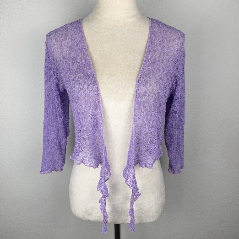 Lost River Imports Purple Open Knit Tie Front Cropped Cardigan Hand Made Rayon